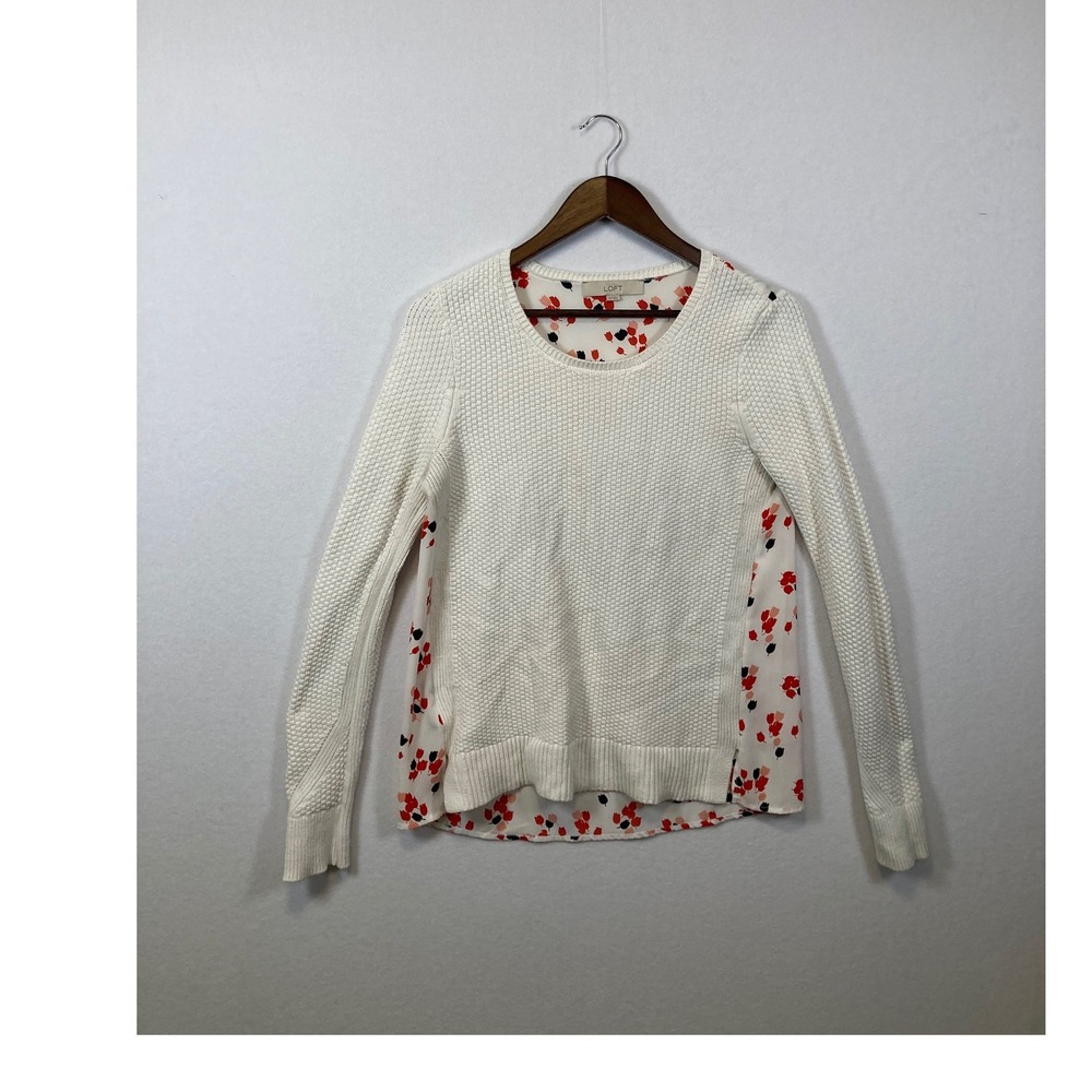 LOFT White Textured‎ Sweater with Floral Print Back Women's XS